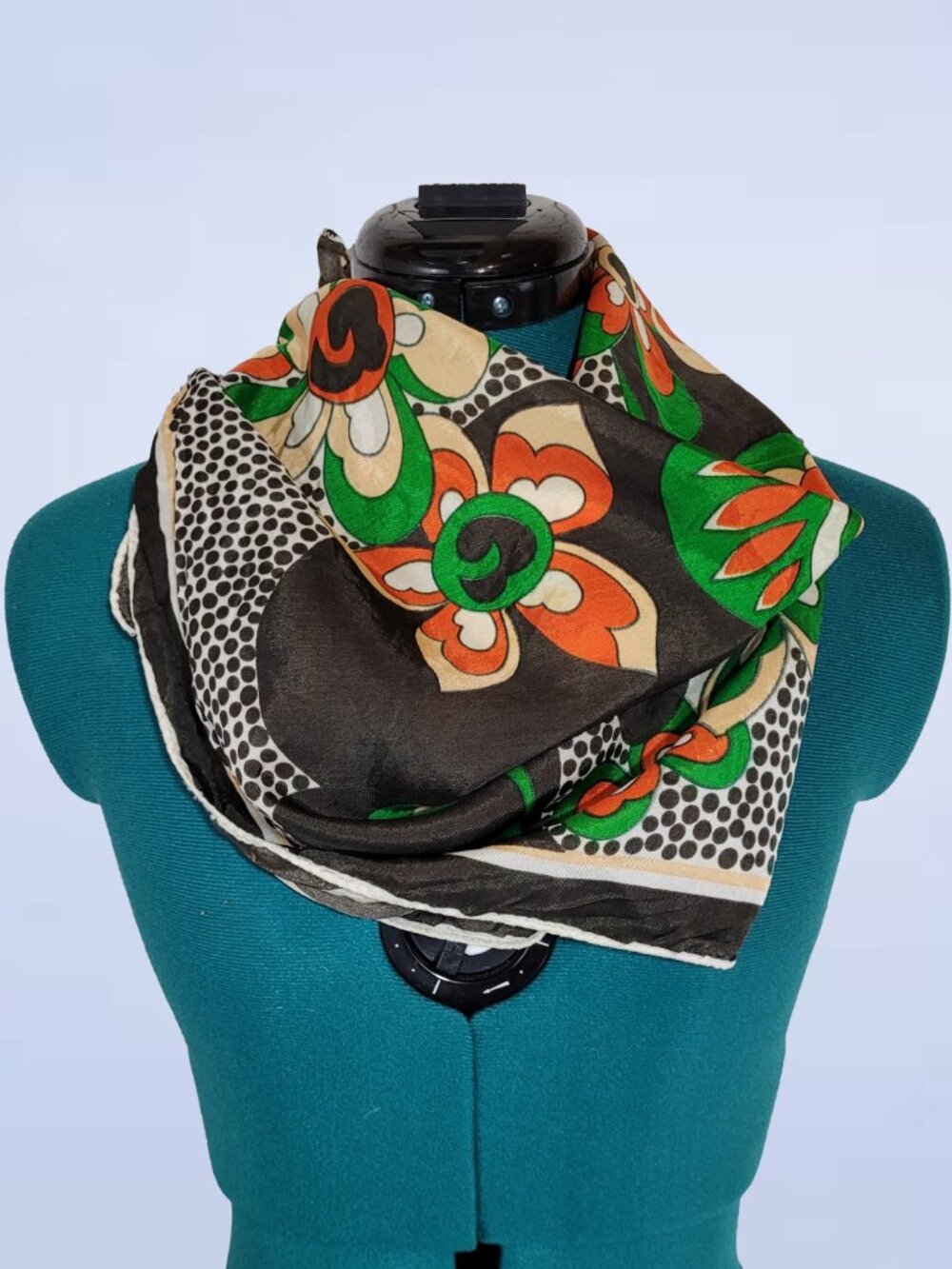 Vintage Floral Acetate Scarf | Green & Orange 70s Retro Square Neck Wrap